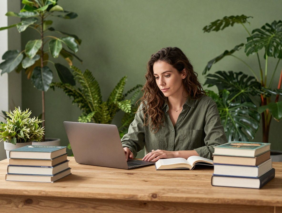 Espace de travail serein avec une bibliothèque remplie de livres sur la nutrition et le bien-être, une table en bois naturel, de la lumière naturelle douce et des plantes vertes en arrière-plan