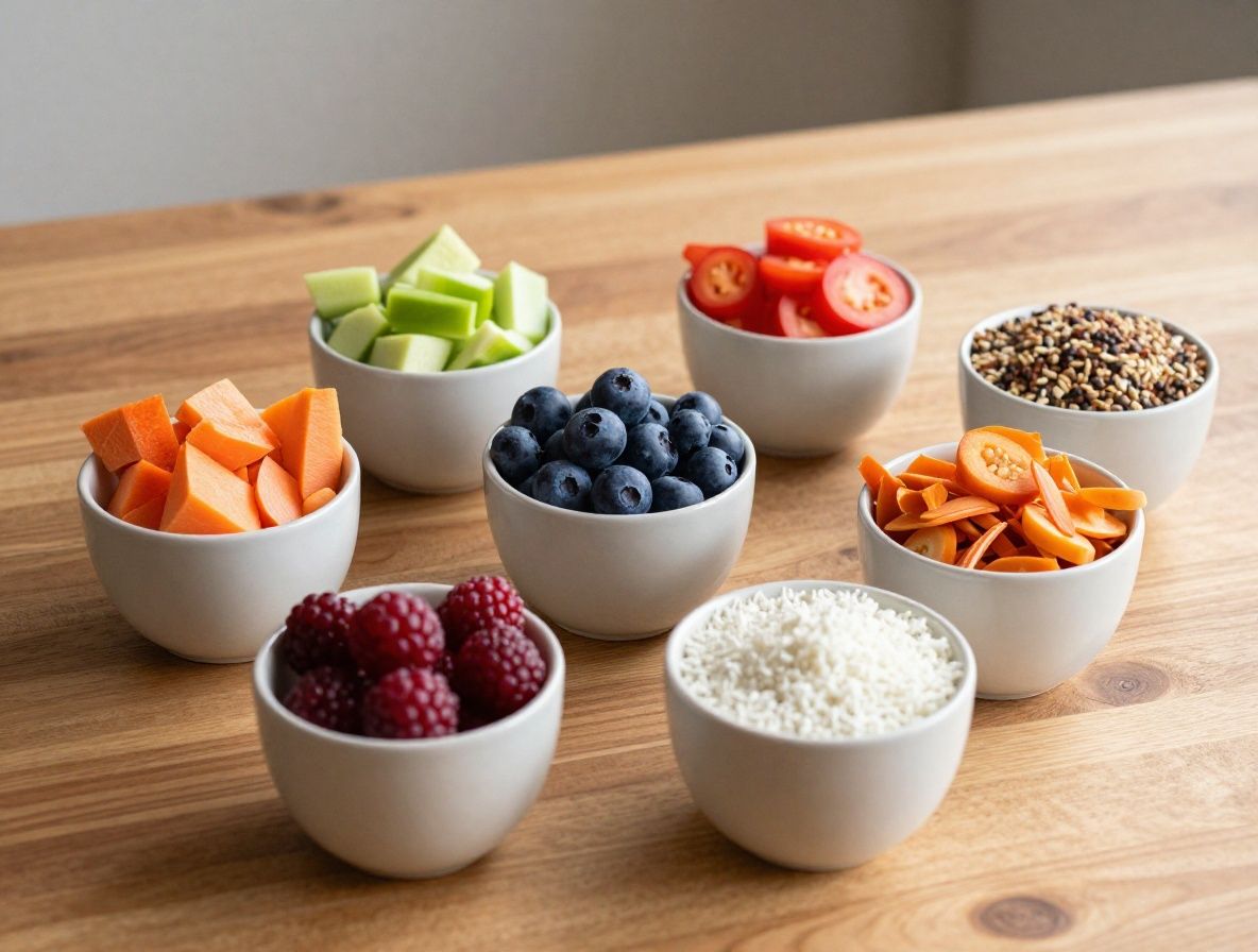 Préparation de repas sains sur un plan de travail en bois clair avec des légumes colorés tranchés, des céréales complètes et des légumineuses en bols en céramique