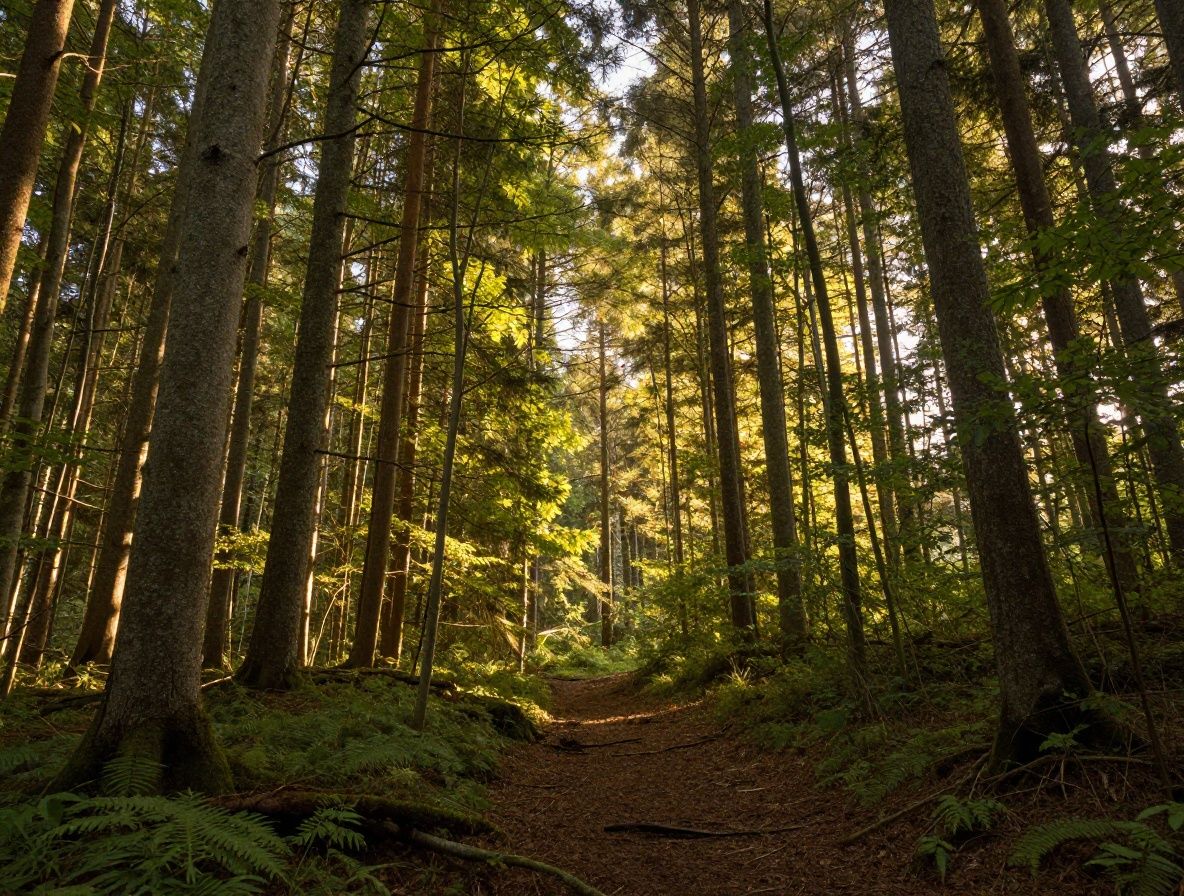 Sentier forestier au lever du soleil avec lumière dorée filtrant à travers les arbres, symbolisant l'équilibre naturel et le bien-être physique