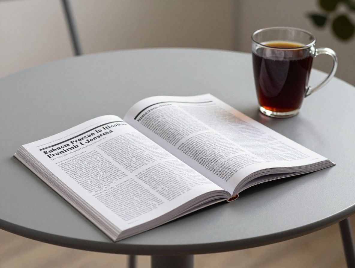 Table lumineuse avec un journal ouvert, une tasse de thé et des feuilles d'herbes fraîches, dans une ambiance studieuse et réfléchie